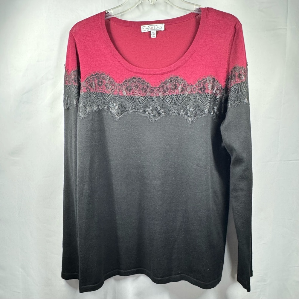 Women XL Lace Top Long Sleeve Elegant Casual Sweater Blouse Black‎ Red Fashion